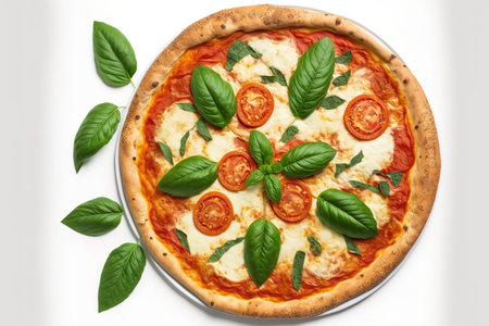 Delicious homemade Italian pizza Margherita with a thick pastry crust and fresh basil in an above shot, isolated on whiteの素材