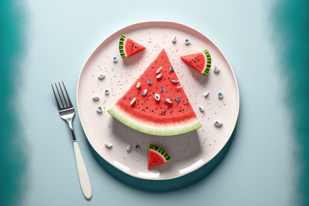 Delicious summertime watermelon snack on a plate. Dessert. Top view of a flat layの素材