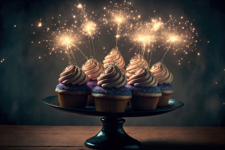 cupcakes with sparklers on a cake standの素材