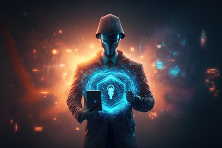 cyber security network. padlock icon and internet technology networking. businessman protecting data personal information on tablet and virtual interface. data protection privacy concept. gdpr. euの素材