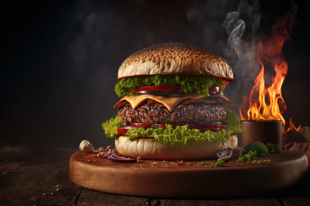 delicious burger on the grill. Burgers made of beef on a wooden dishの素材