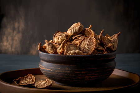 Dried figs in a bowl against a dark backgroundの素材