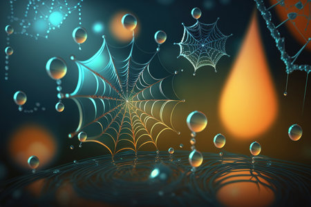 Early morning dew droplets on a web of spiders in bokeh. a spider web in the wild. In the morning, a spider web with some water dropletsの素材