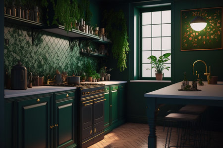 Elegant kitchen design with a dark green wallの素材