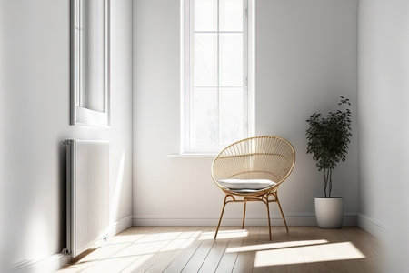 Empty white wall with rattan chair and window on wooden floor. interior living roomの素材