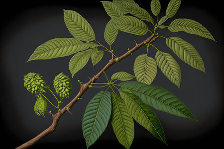 Eastern American black walnut, Juglans nigra. Stems bearing round nuts with a brownish green, semifleshy husk and pointy leaflets with a dark green, serrated edgeの素材
