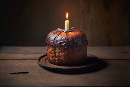 Easter cake on a wooden table with a blazing candle. room for textの素材