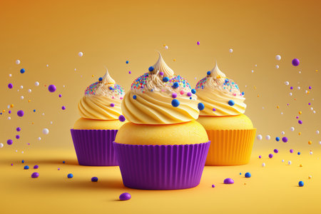 Floating on a yellow background are vanilla cupcakes with yellow frosting and multicolored sprinklesの素材