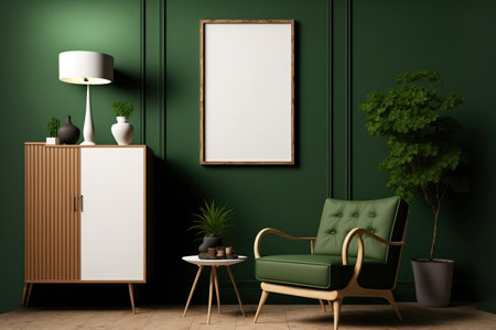 Elegant interior design for a living room using a fake poster frame, a contemporary frotte armchair, a wooden commode, and fashionable accents. a green wall. Template. Copy spaceの素材