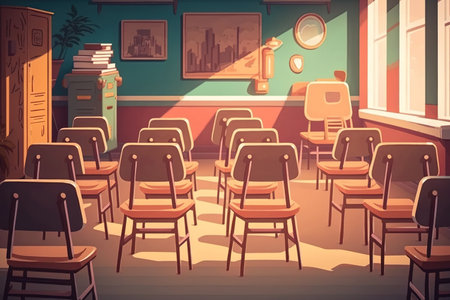 Empty classroom with a lot of chair with no student. Empty classroom with vintage tone wooden chairs. Back to school conceptの素材