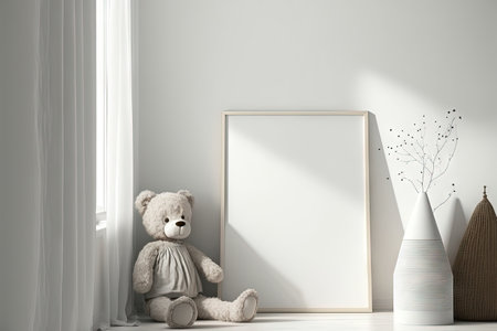 Empty vertical picture frame standing on the floor in modern child room. Mock up interior in contemporary, scandinavian style. Copy space for picture. Bed, toys, desk. Cozy room for kidsの素材