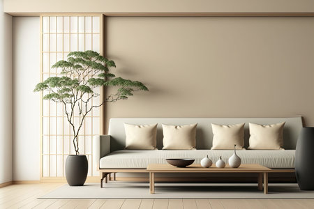 Empty living room in japanese style on empty cream color wallの素材