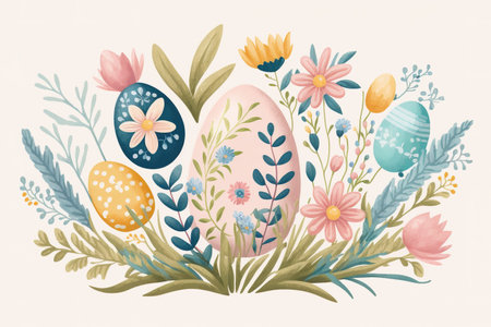 Easter greetings. vacation composition. natural ornamentation produced by . Eggs painted in pastel shades of pink, blue, and yellow with a simple design Arrangement of spring flowers isolated on a whiの素材