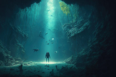 Extreme experience in Mexico landscape diving in a cenote, hydrogen sulfide underwater fogの素材