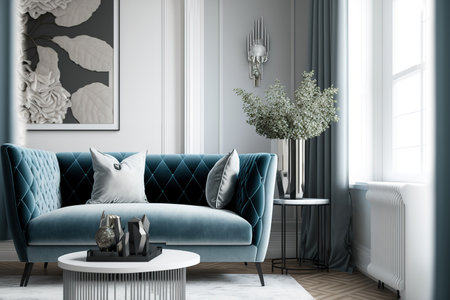 Elegant white, grey, and blue living room design with a velvet armchair and a sofa from Scandinaviaの素材