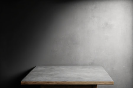 Empty wooden table top for product placement. Empty copy space on table for product display mockup. Wood table and grey grunge plaster wall. Product placementの素材