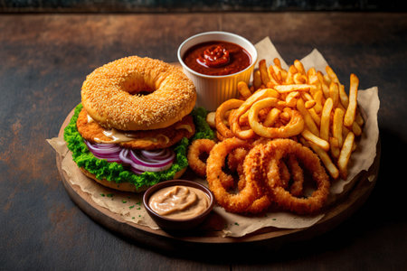 Fast food items fried chicken, fries, and onion rings on a table in the backgroundの素材