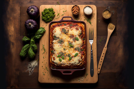 Flat lay of scrumptious eggplant lasagna on a wooden tableの素材