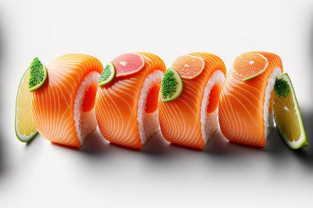 Five succulent fresh salmon sashimis against a white backgroundの素材