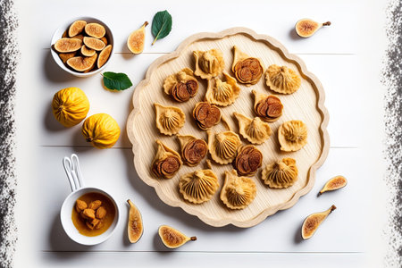 Flat lay of tasty dried figs on a white wooden tableの素材