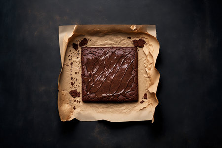 Flat lay top view of a chocolate brownie on paper with a dark gray backgroundの素材