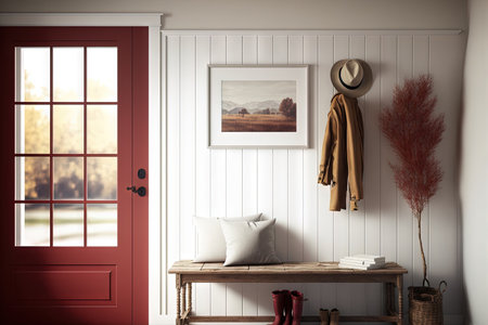 Farmhouse hallway in white and red tones with frame mockup. Wooden bench and coat rack. Glass entrance door, vintage interior design, 3d illustrationの素材