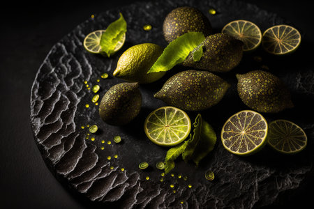 Finger limes or Caviar limes up close against a black stone background. Fruits to adorn a dishの素材