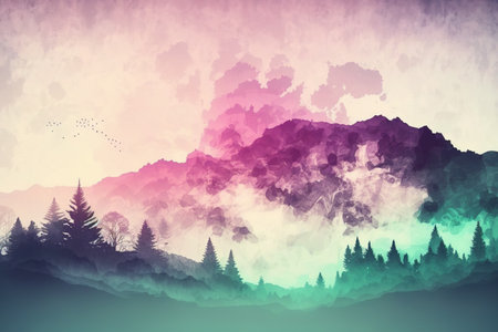 Fantasy foggy sky with grunge texture, pastel gradient hue, and a natural backgroundの素材