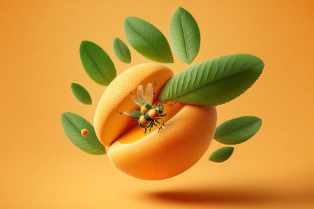 Flying, luscious, fresh peach isolated on a yellow background with green plants. High resolution illustration of a food levitation conceptの素材