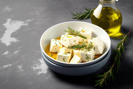 Feta cheese cubes served in a white bowl over an olive oil sauce, rosemary, and light gray background. Greek style handmade cheese. selective attentionの素材