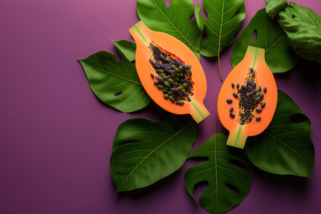 Flat lay of fresh, ripe papaya fruits with green leaves against a purple background. Room for textの素材