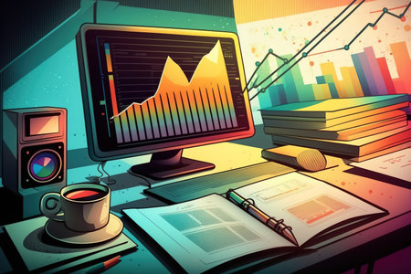 Financial graph illustration with colorful table and computer in background. numerous exposures multinational market conceptの素材