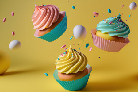 Flying cupcakes against a yellow background. Cupcakes with vibrant colors for a party or celebrationの素材