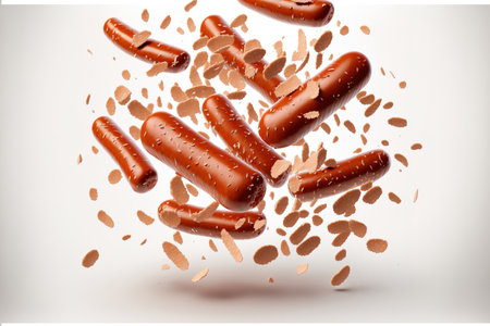Flying fresh sausage cuts on a white backgroundの素材