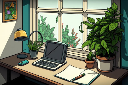 Freestanding desk with a plant and a springtime windowの素材