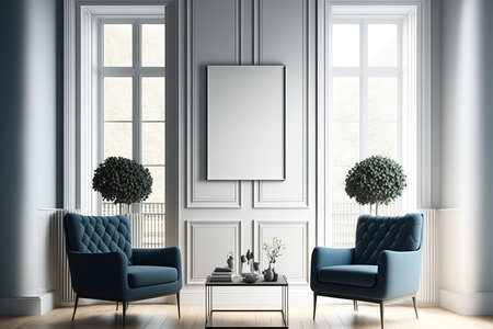 For a white living room with blue armchairs, parquet, a shelf, coffee tables, and a narrow window, use a square frame. Idea for a contemporary seating area. a mockupの素材