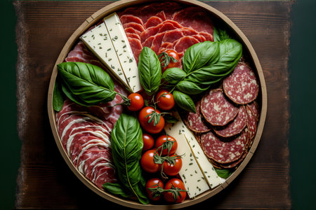 Food tray with wonderful salami, sausage, basil, and slices of prosciutto crudo. Platter of meat with a choiceの素材