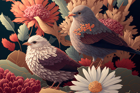 Fall birds painted in watercolor with garden flowers in the manner of anime, including chrysanthemums and asters in shades of terracotta, white, and burgundyの素材