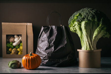 food products purchase, cabbage, pumpkin, eggplant, broccoli and potted basil near paper bag on worktop at home kitchen with dark furnitureの素材