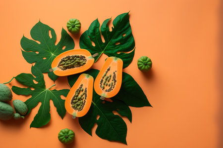 Flat lay of young, mature papaya fruits with green leaves against an orange backgroundの素材