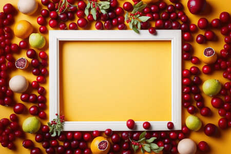 Fresh cranberries in a frame on a colored backgroundの素材