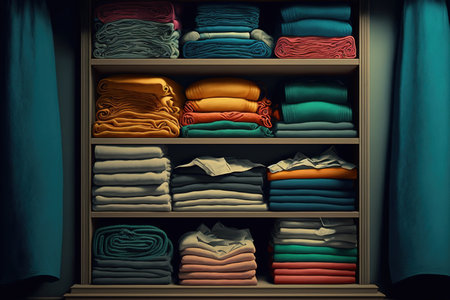 Folded apparel is neatly stacked on the store shelvesの素材
