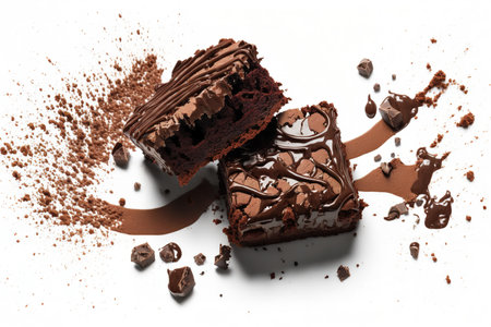 Fresh brownie pieces on a white background. tasty chocolate pieの素材