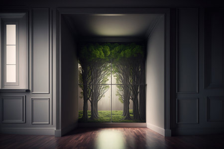 empty room in a building or home with a background of treesの素材