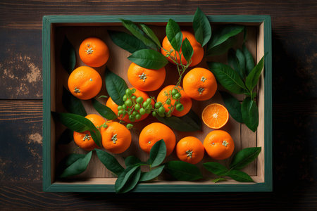 Fresh mandarin oranges in a wooden box with leaves, top viewの素材