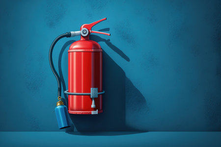 Fire extinguisher on the blue wall backgroundの素材