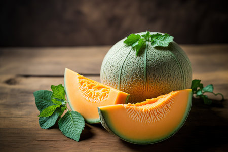 Fresh foliage and a cantaloupe fruit on a wooden backgroundの素材