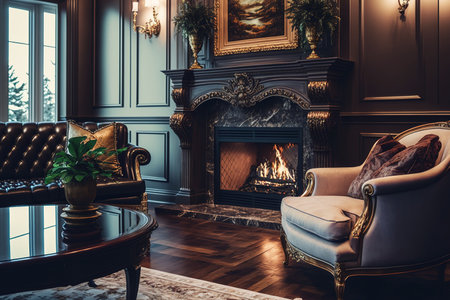 fireplace in living room of a mansionの素材