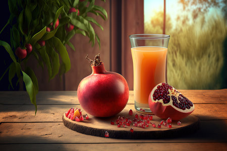 Fresh fruit and pomegranate juice on a wooden table with a pomegranate plant in the backgroundの素材