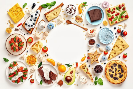 Frame of delicious snacks on white table flat lay. Top view on assortment of tasty breakfast meals, free space on white wooden background. Buffet, restaurant menu, banquet conceptの素材
